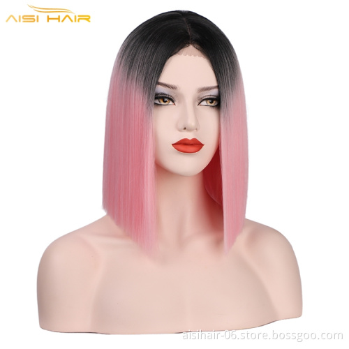 Aisi Wholesale Straight Bob Fiber Hair Wigs For Women Ombre Color Full Machine Made Wig Synthetic Hair Wig